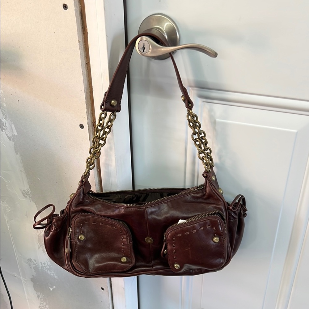Francesco Biasia Brown and Gold Shoulder Bag with Chain Detail